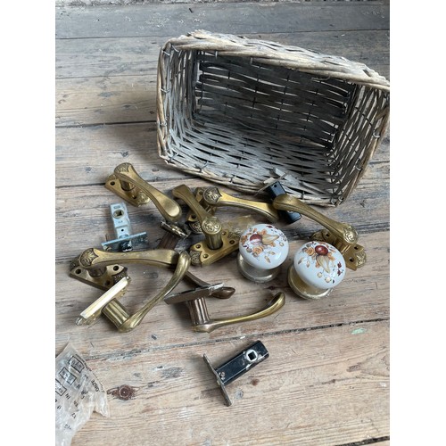 260 - Basket of Vintage Brass & Porcelain Door Furniture