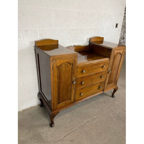 440 - 1930'S Solid Wood Sideboard on Queen Anne Legs with Cutlery Drawers & Two Keys