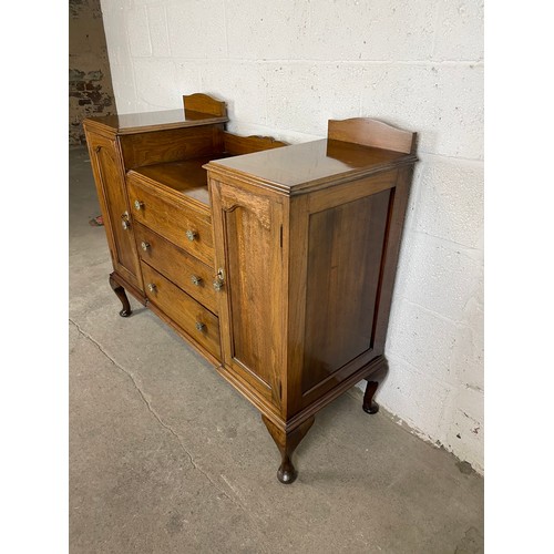 440 - 1930'S Solid Wood Sideboard on Queen Anne Legs with Cutlery Drawers & Two Keys