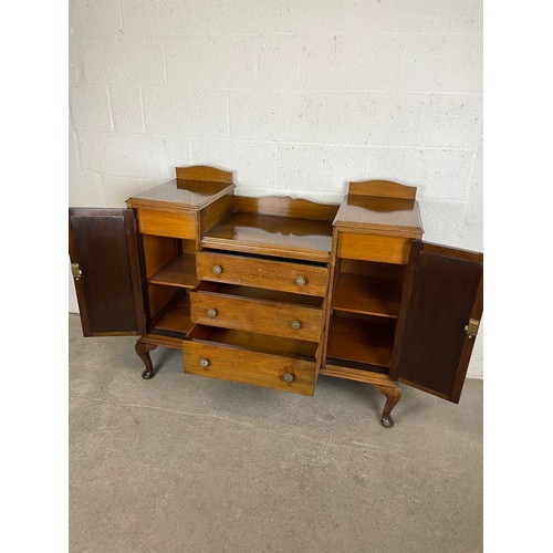 440 - 1930'S Solid Wood Sideboard on Queen Anne Legs with Cutlery Drawers & Two Keys