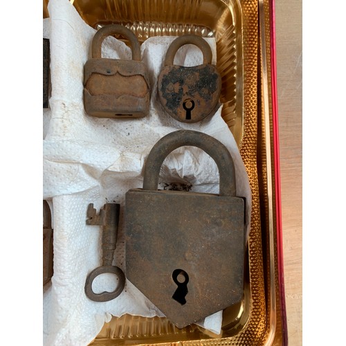 197 - Tin of Antique Padlocks and Locks, Some With Keys