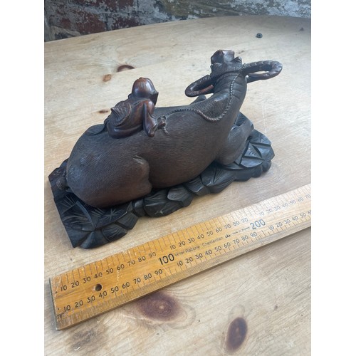174 - Large Antique Chinese Hardwood Carved Water Buffalo on Stand