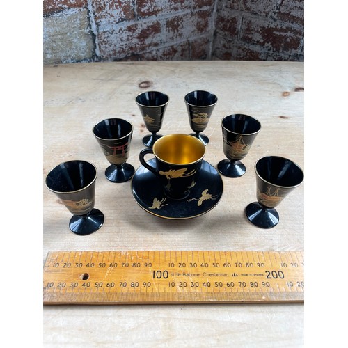 189 - Vintage Japanese Black Lacquer Hand Painted Sake Cups