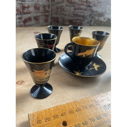 189 - Vintage Japanese Black Lacquer Hand Painted Sake Cups