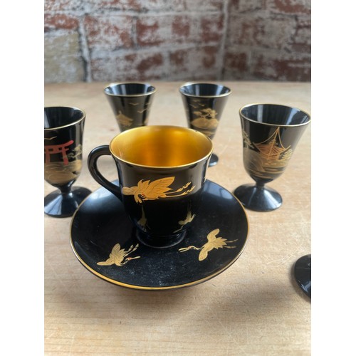 189 - Vintage Japanese Black Lacquer Hand Painted Sake Cups