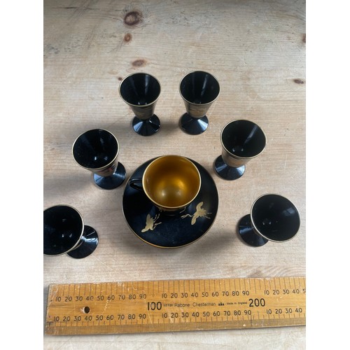 189 - Vintage Japanese Black Lacquer Hand Painted Sake Cups