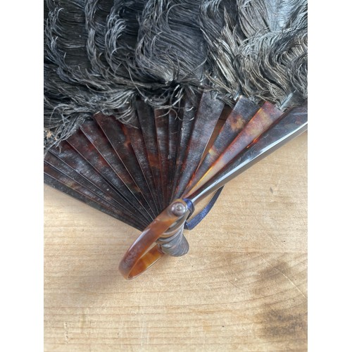 190 - Art Deco Black Ostrich Feather Fan with Faux Tortoise Shell Handle