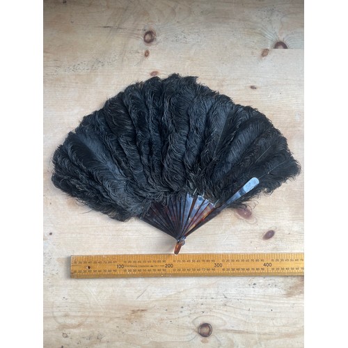 190 - Art Deco Black Ostrich Feather Fan with Faux Tortoise Shell Handle