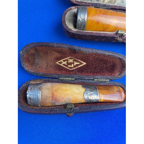 48 - Three Antique Cased Cheroot Holders in Amber & Silver