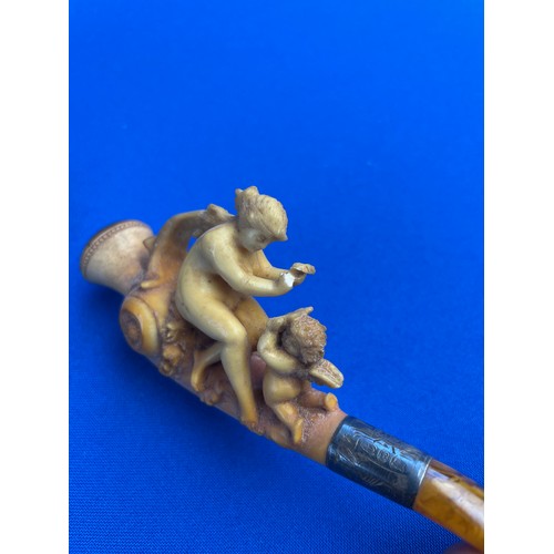 52 - Antique Cased Meerschaum Cheroot Holder Pipe Depicting Angel & Cherub Slight Damage to Angel Hand