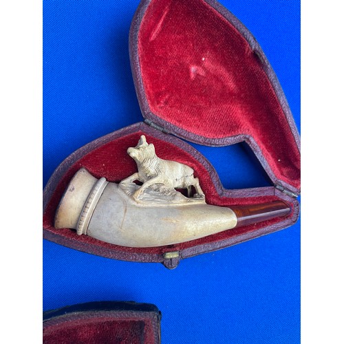 53 - Three Antique Cased Meerschaum Cheroot Holders Pipes Depicting Dogs & Horse