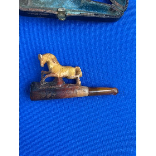 54 - Antique Cased Meerschaum Cheroot Holder Pipe Depicting a Horse