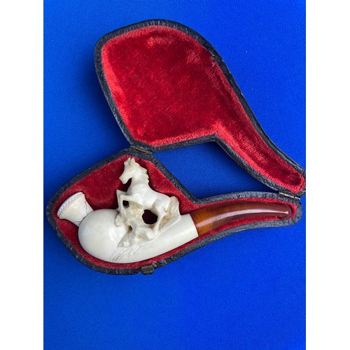 59 - Antique Cased Meerschaum Cheroot Holder Pipe Depicting a Finely Carved Rearing Horse