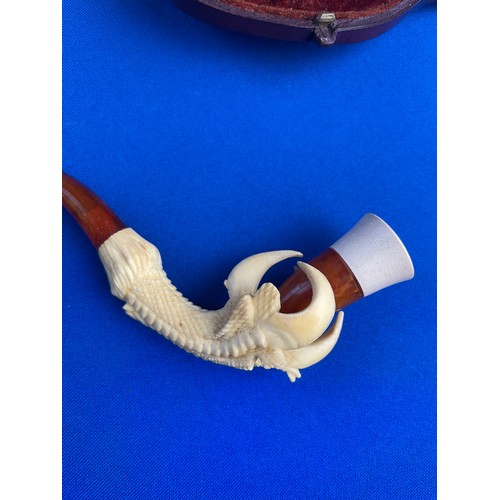 60 - Antique Cased Meerschaum Cheroot Holder Pipe Depicting a Finely Carved Eagle Claw