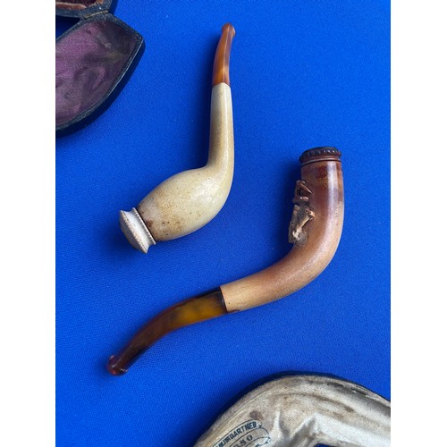 64 - Two Antique Cased Meerschaum Cheroot Holders Pipes One Depicting a Coat of Arms