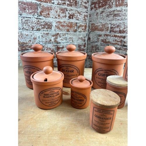 244 - Henry Watson Pottery Original Suffolk Jars Terracotta Storage Jars Coffee Lid A/f & Mandoline Slicer