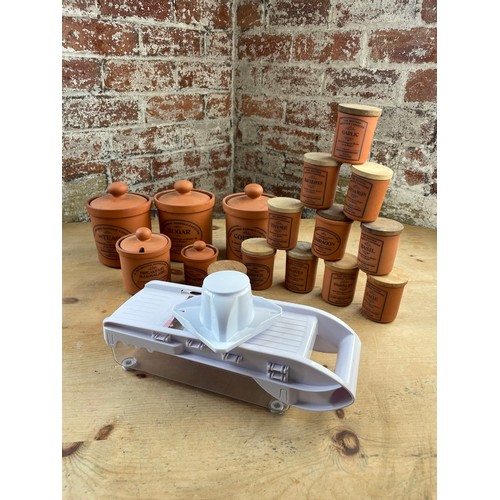 244 - Henry Watson Pottery Original Suffolk Jars Terracotta Storage Jars Coffee Lid A/f & Mandoline Slicer