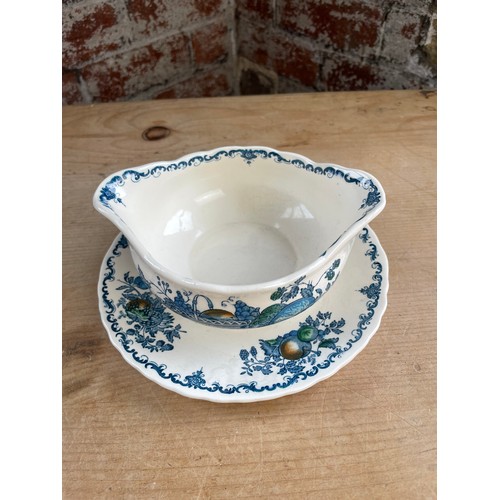 272 - Masons Ironstone Blue Fruit Basket Sauce Boat