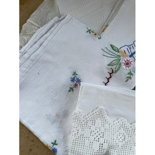 239 - Vintage Linen Table Cloths, 3 Embroidered & 4 White Work