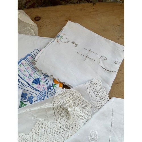 239 - Vintage Linen Table Cloths, 3 Embroidered & 4 White Work