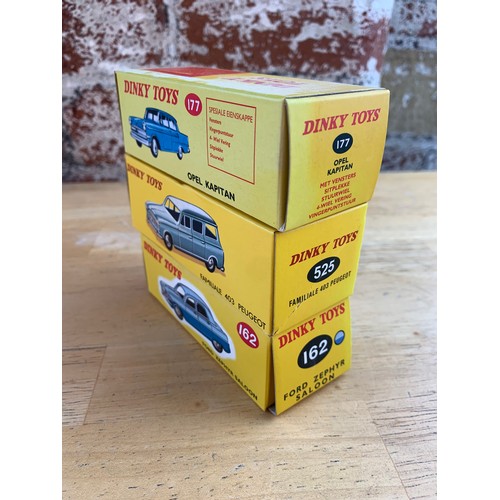 140 - Three Mint Dinky Toys Boxed - Opel Kapitan, Familiale 403 Peugeot, Ford Zephyr Saloon