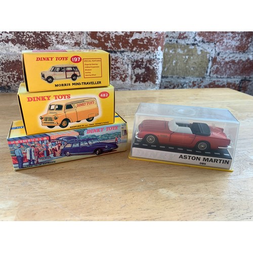 142 - 4 Mint Dinky Toys, 3 boxed, 1 in display worn case - Morris Mini Traveller, Bedford 10cwt Van, Break... 