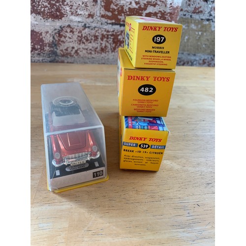 142 - 4 Mint Dinky Toys, 3 boxed, 1 in display worn case - Morris Mini Traveller, Bedford 10cwt Van, Break... 