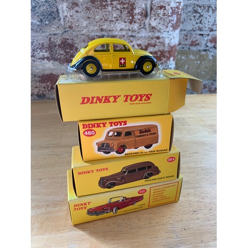 143 - Four Mint Dinky Toys Boxed - Swiss Postal VW Beetle, Bedford 10cwt Van, Packard 8 Sedan, Ford Thunde... 