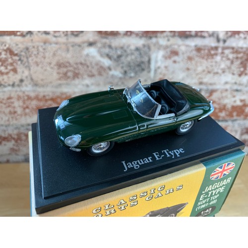 80 - Atlas Editions 1:43 Scale Mint Classic Sports Cars - Jaguar E-Type Soft Top, Triumph TR6, Aston Mart... 