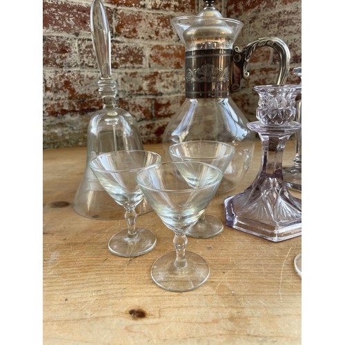 282 - Vintage Glassware Inc Candle Sticks Metal Top Decanter & large Bell.