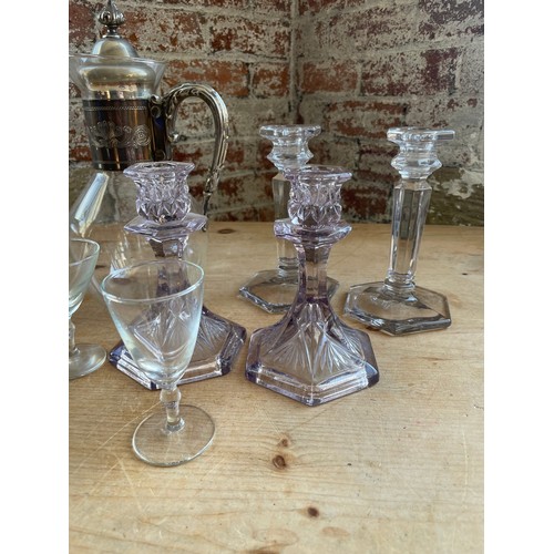 282 - Vintage Glassware Inc Candle Sticks Metal Top Decanter & large Bell.