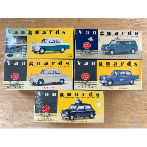 92 - Five Vanguards 1:43 Die Cast Model Cars - Ford 100E x 2, Austin Min Van, Triumph Herald, Austin Mini... 
