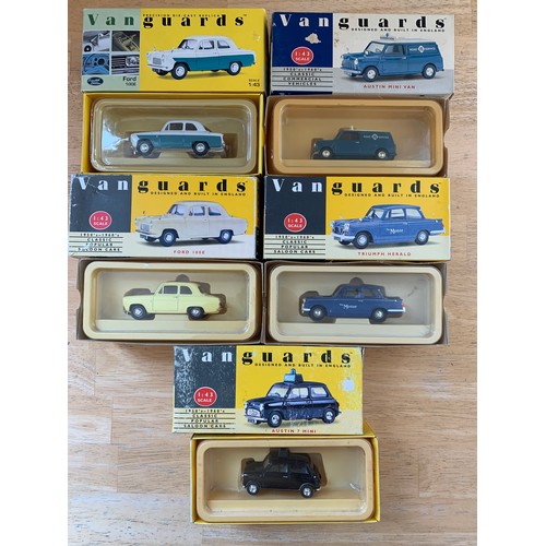 92 - Five Vanguards 1:43 Die Cast Model Cars - Ford 100E x 2, Austin Min Van, Triumph Herald, Austin Mini... 