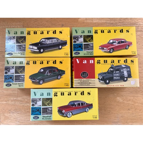 93 - Five Vanguards 1:43 Die Cast Model Cars - Ford Zephyr 6, Triumph 2.5 PI, Triumph Dolomite, Austin A3... 