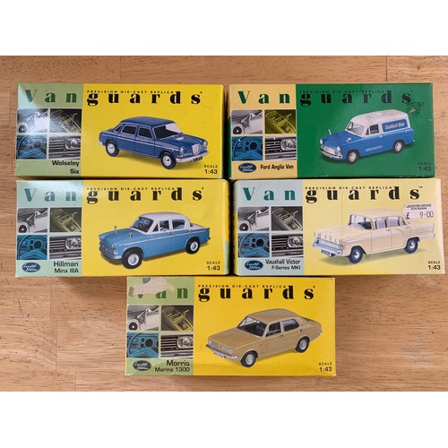 94 - Five Vanguards 1:43 Die Cast Model Cars - Wolseley Six, Ford Anglia Van, Hillman Minx, Vauxhall Vict... 