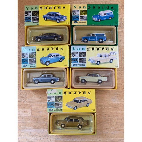 94 - Five Vanguards 1:43 Die Cast Model Cars - Wolseley Six, Ford Anglia Van, Hillman Minx, Vauxhall Vict... 
