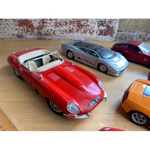 134 - Collection of Larger Scale Die Cast Sports Cars - inc. BMW Z8, E-type Jaguar, Jaguar XJ220 etc.