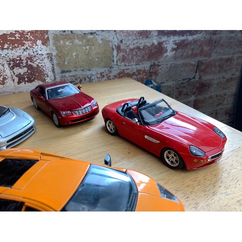 134 - Collection of Larger Scale Die Cast Sports Cars - inc. BMW Z8, E-type Jaguar, Jaguar XJ220 etc.