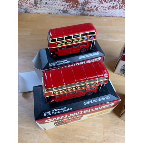 107 - Four Atlas Editions Great British Buses - London Transport RTW x 2, Wallace Arnold Bedford OB, South... 