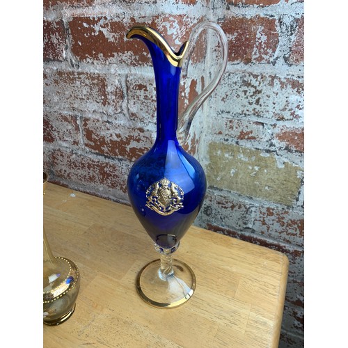 296 - Elegant Hand Blown Cobalt Glass Pitcher bearing the Providentiae Memor Coat of Arms and Delicate Gla... 