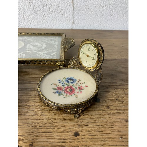 260 - Various Mixed Vanity Items inc. Tray with Clock and Glass and Needlework tray, Tortoiseshell items i... 