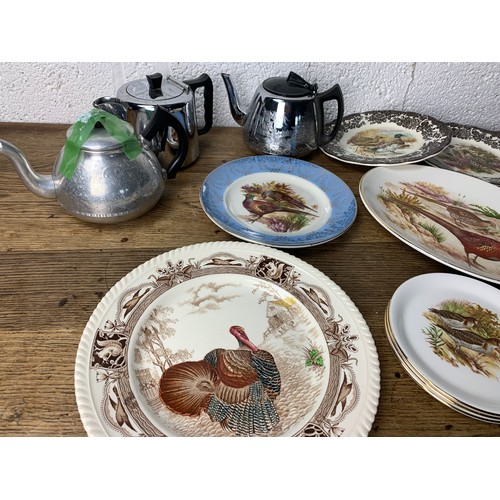 266 - Hunting and Wild Foul themed Plates and Serving Ware alongside Stainless Steel Teapots