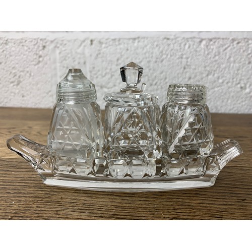 270 - Two Vintage Cruet Sets - One Crystal Gondola and One Mid-Century Glass - Both Complete