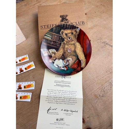 26 - Collectible Teddy Items. Steiff Century Collection Plate, 6x Steiff Rulers. Deans Rag Book Co Advert... 