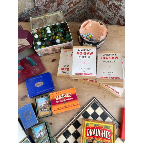 35 - Nice Group Of Antique & Vintage Games Inc. Marbles, Spin & Spell, Hunt Scene Playing Cards etc.