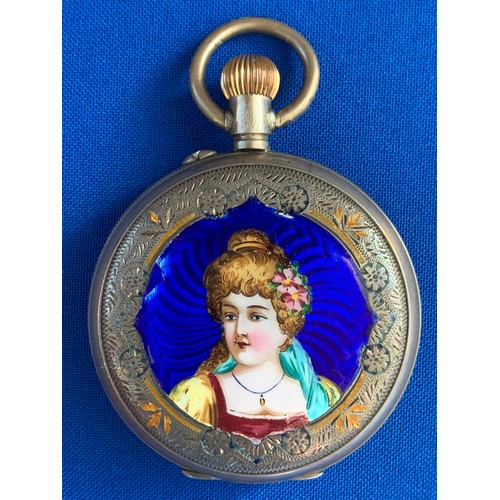 75 - 1815 J. Ullmann & Co. 8 Day Movement Beautifully Painted Enamel Fine Silver Cased Double Hunter Pock... 