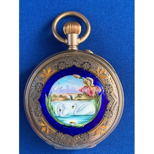 75 - 1815 J. Ullmann & Co. 8 Day Movement Beautifully Painted Enamel Fine Silver Cased Double Hunter Pock... 