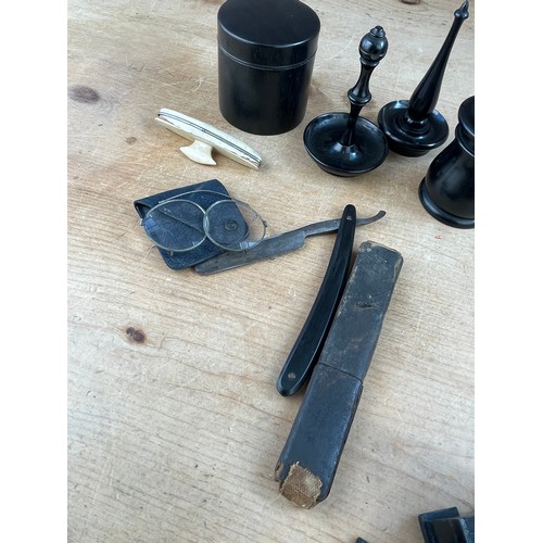 215 - Collection Of Dressing Table Items Inc Nicely Turned Ebony & Hair Receiver, Cut Throat Razor & Antiq... 