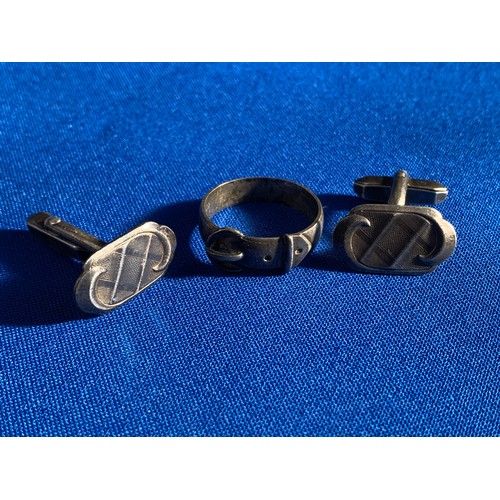 64 - Vintage Silver Belt detail ring and Silver Cufflinks