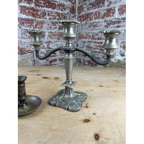 232 - Silver Plated Candle Stick & Vintage Brass Push Up Chamber Stick With Snuffer